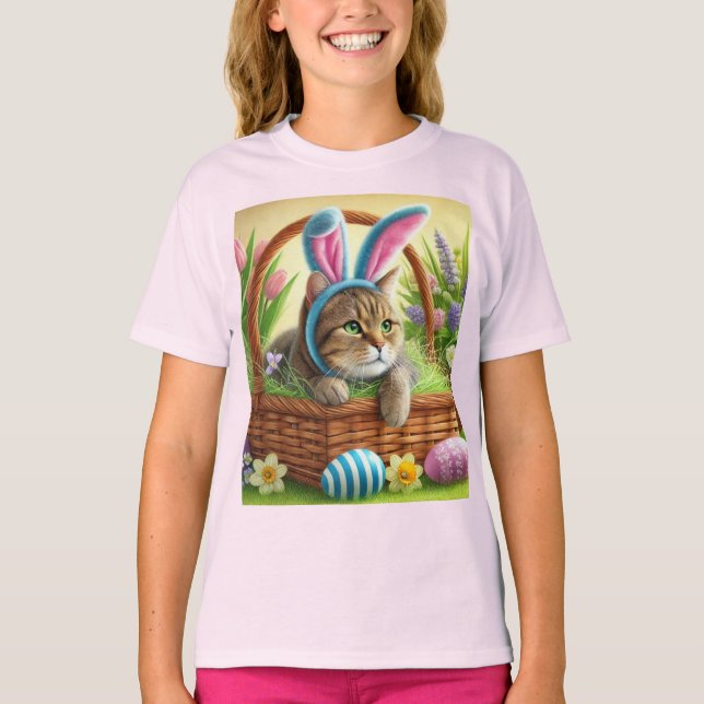 Camiseta Rosa Meninas Gatinho Fofo de Páscoa (Frente)