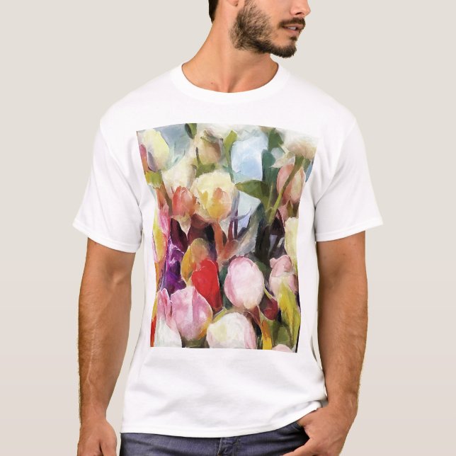 Camiseta Rosa moderno Tulipa Buquê: pintura a óleo de Abstr (Frente)