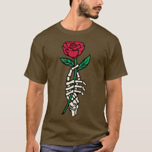 Camiseta Rosa Romântico Mão de Esqueleto Segurando Flor por