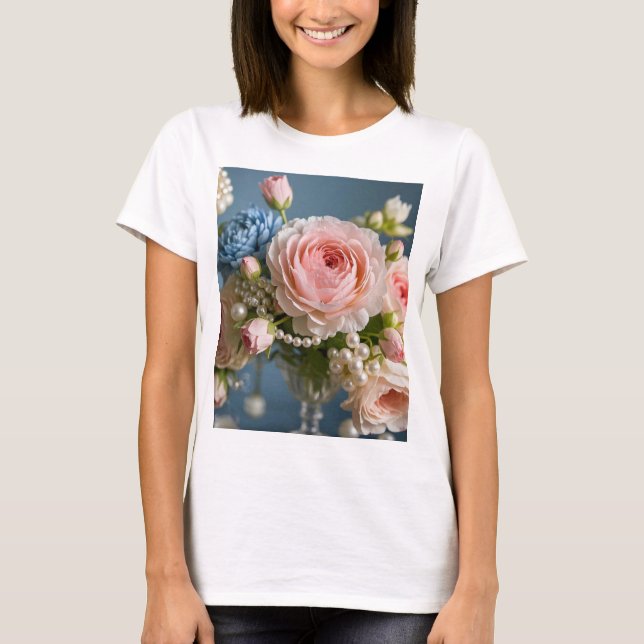 Camiseta Rosa rosa delicada com pérolas no vaso (Frente)