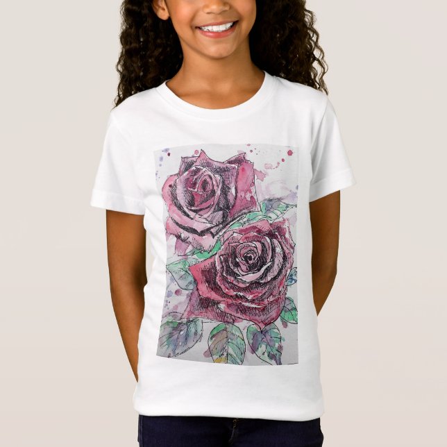 Camiseta Rosa vermelha de aquarela e tinteiro Girls T Shirt (Frente)