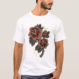 Camiseta Rosa vermelha de tatuagem antiga do tipo Bloom