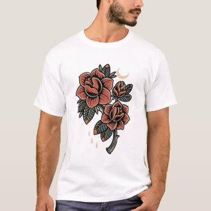 Camiseta Rosa vermelha de tatuagem antiga do tipo Bloom
