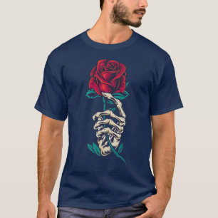 Camiseta Rosa vermelha em uma mão de um esqueleto uma tatua