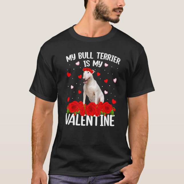 Camiseta Rosa vermelha Engraçada, Flor, Touro Terrier Cão V (Frente)