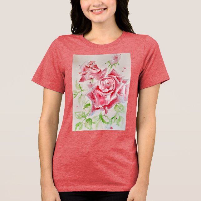 Camiseta Rosa vermelha Flores de Aquarela Rosas de Pintura  (Frente)