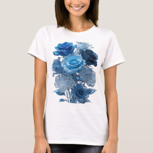 Camiseta Rosas Azuis Prateadas Vibrantes Impressão