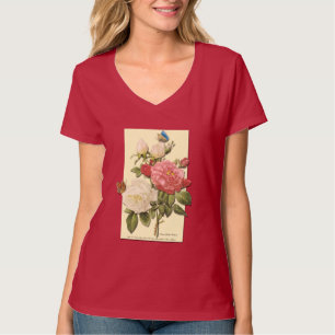 Camiseta Rosas botânicos cor-de-rosa-branca