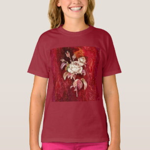 Camiseta Rosas Brancas em Fundo Texturizado Vermelho Escuro