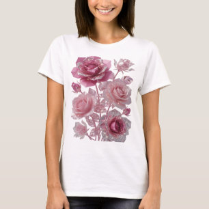 Camiseta Rosas Cor-de-Rosa Prateadas Modernas Com Diamantes