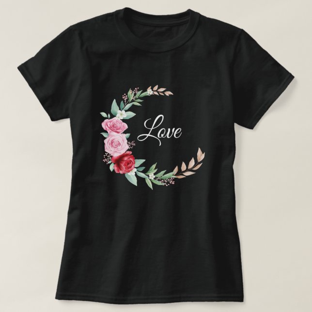 Camiseta Rosas Crescentes e Folhas (Frente do Design)