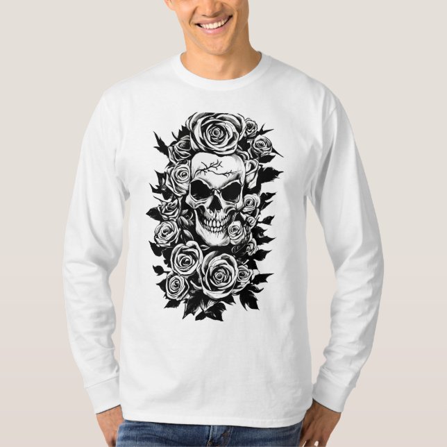 Camiseta Rosas de crânio humano Gótico de tinta original (Frente)