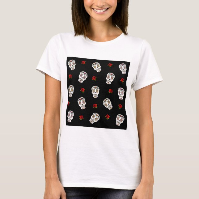 Camiseta ROSAS de crânios de açúcar rocháveis RAB em preto (Frente)