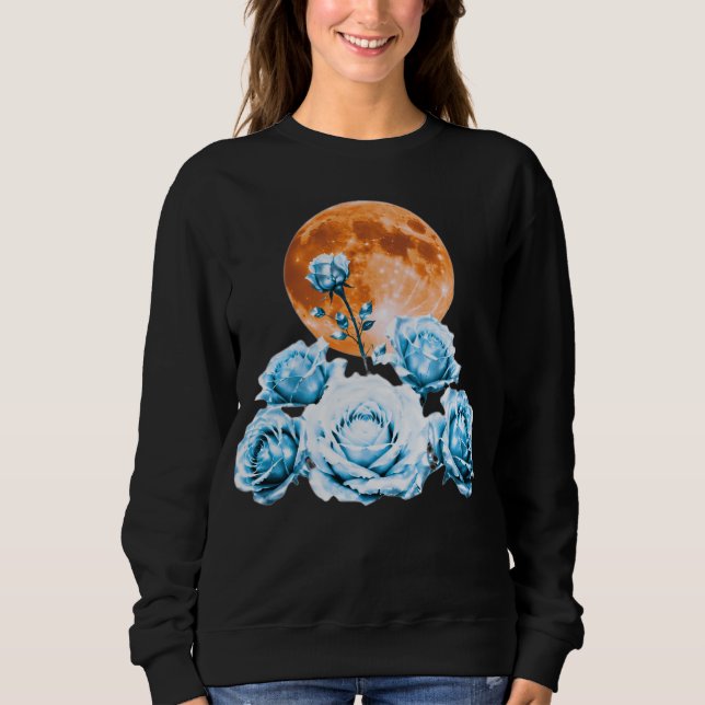 Camiseta Rosas de Gelo Azul e Lua de Sangue Laranja Gráfico (Frente)