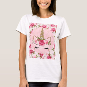 Camiseta Rosas Florais Dourados Cor-de-Rosa Cinza Trendy Gi