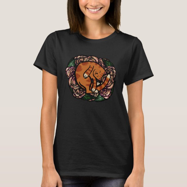 Camiseta Rosas Laranja Tabby Pessoa Cat (Frente)