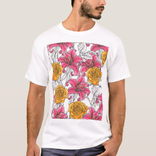 Camiseta Rosas Lírios Padrão Desenho Da Mão