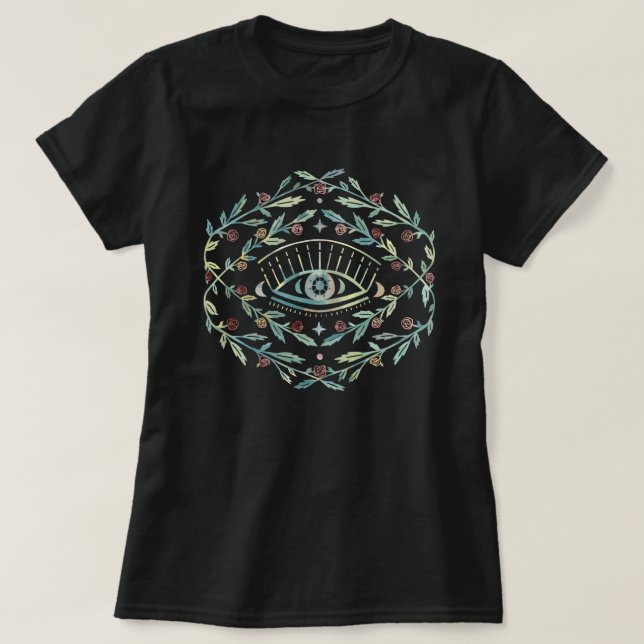 Camiseta Rosas Místicos Vinhas Magnéticas Boho Colorido (Frente do Design)