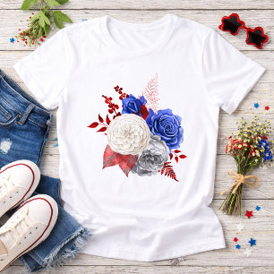Camiseta Rosas Patrióticas Vermelhas Brancas e Azuis