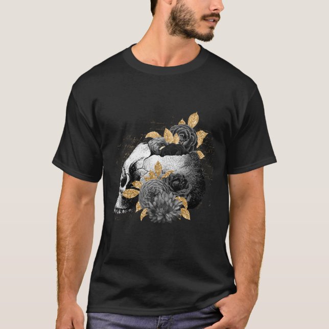 Camiseta Rosas pretas com crânio em gótico preto (Frente)
