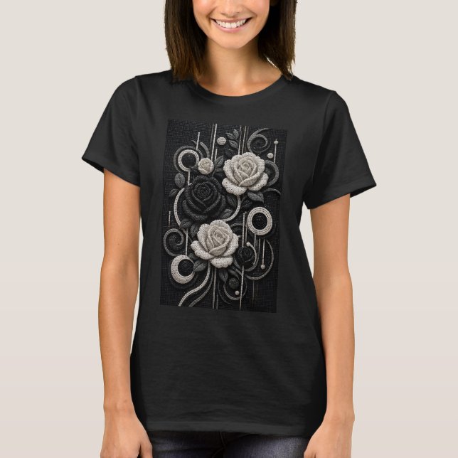 Camiseta Rosas Preto e Branco em Micro Mosaico 3D (Frente)