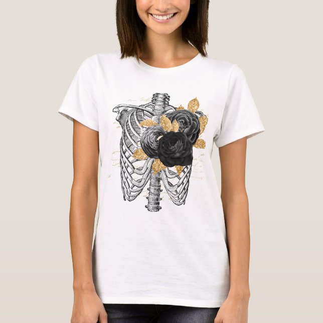 Camiseta Rosas pretos e folhagem dourada do Torso (Frente)