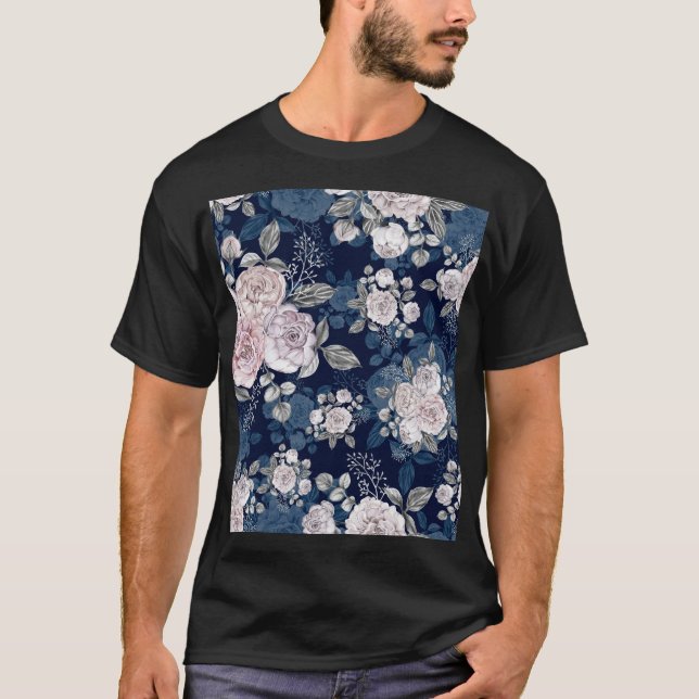 Camiseta Rosas Rosa Azul Escuro: Vintage (Frente)
