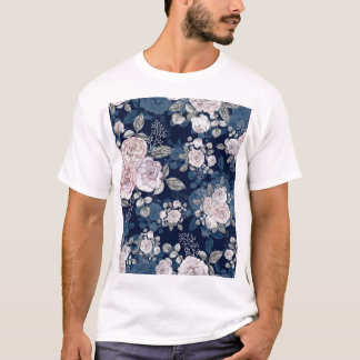 Camiseta Rosas Rosa Azul Escuro: Vintage
