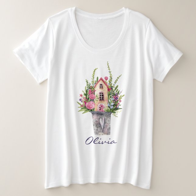 Camiseta Rosas Rosa Fairytale House Flores de Aquarela (Frente do Design)