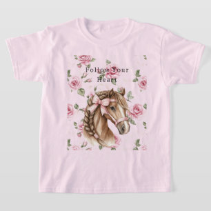 Camiseta Rosas Rosas Florais Cavalos Bonitos Laço Rosa