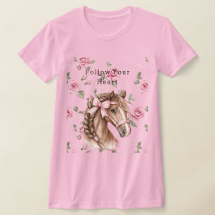 Camiseta Rosas Rosas Florais Cavalos Bonitos Laço Rosa