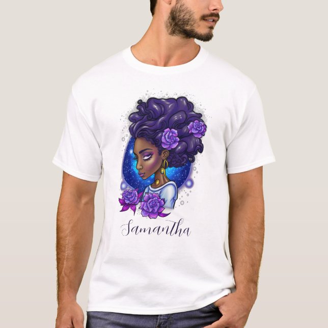 Camiseta Rosas Roxos Elegantes Afro Mulher (Frente)