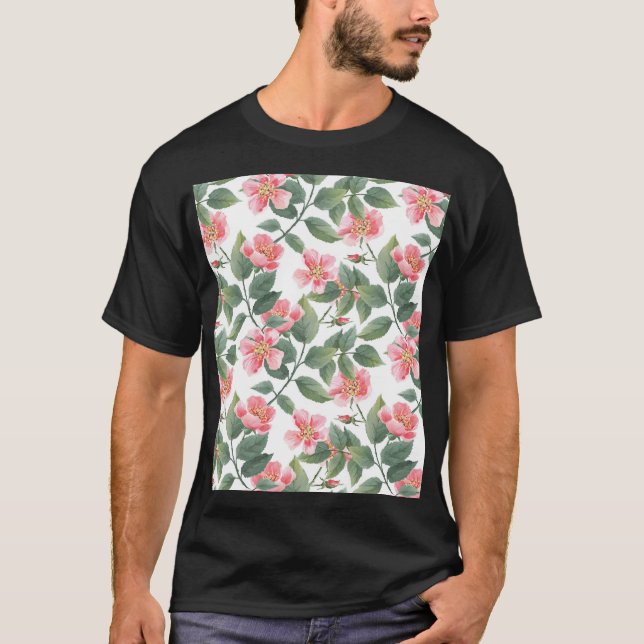 Camiseta Rosas Selvagens Aquarela Floral Sem Costura (Frente)