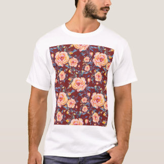 Camiseta Rosas, sem costura, padrão de fundo vermelho