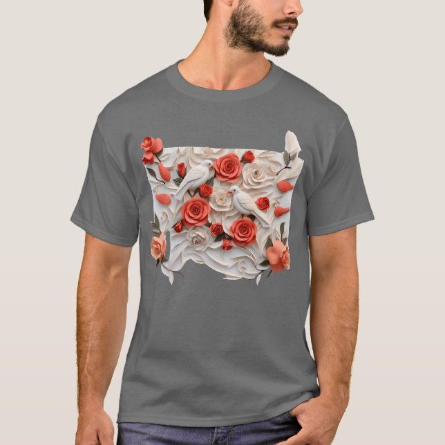 Camiseta Rosas tridimensionais e aves (Frente)