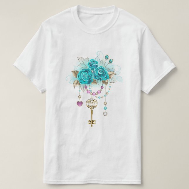 Camiseta Rosas Turquesas com Chaves (Frente do Design)