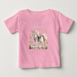 Camiseta Rosas Unicórnio Branco Chifre Dourado Cascos Sela 