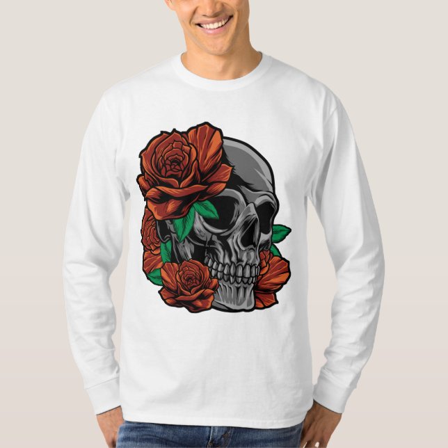 Camiseta Rosas vermelhas Com Flores De Jardim Do Crânio Ros (Frente)