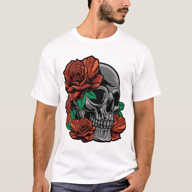 Camiseta Rosas vermelhas Com Flores De Jardim Do Crânio Ros (Frente)