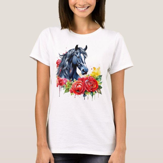 Camiseta Rosas vermelhas de Cavalo Preto com Aquarela (Frente)
