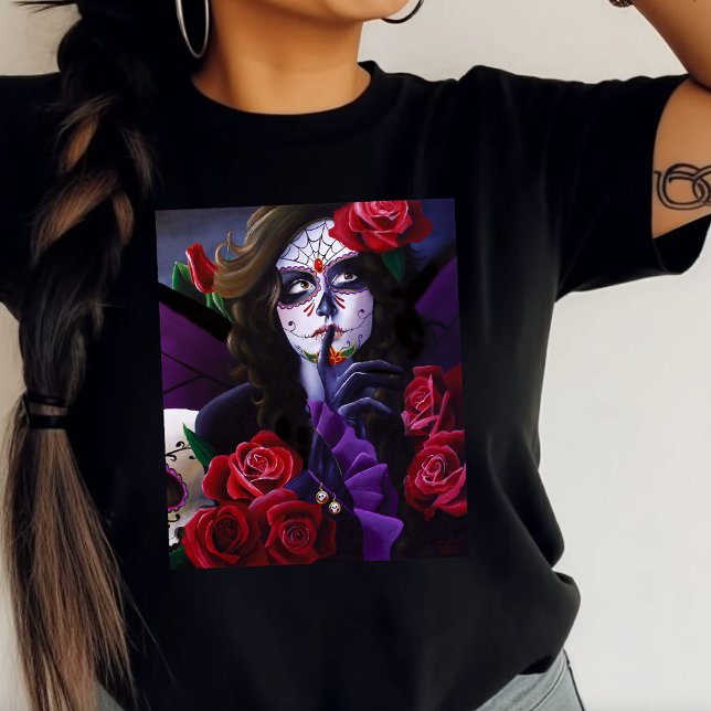 Camiseta Rosas vermelhas de crânio de açúcar Roxo (Criador carregado)