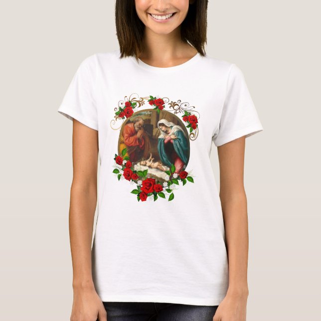 Camiseta Rosas vermelhas de Natal Elegantes Natividade Sant (Frente)