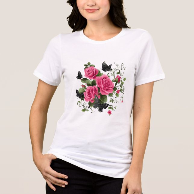 Camiseta Roses and Butterflies, Colorful Design, (Frente)