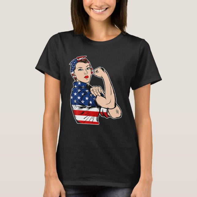 Camiseta Rosie The Riveter Bandana Feminista EUA Bandeira 4 (Frente)