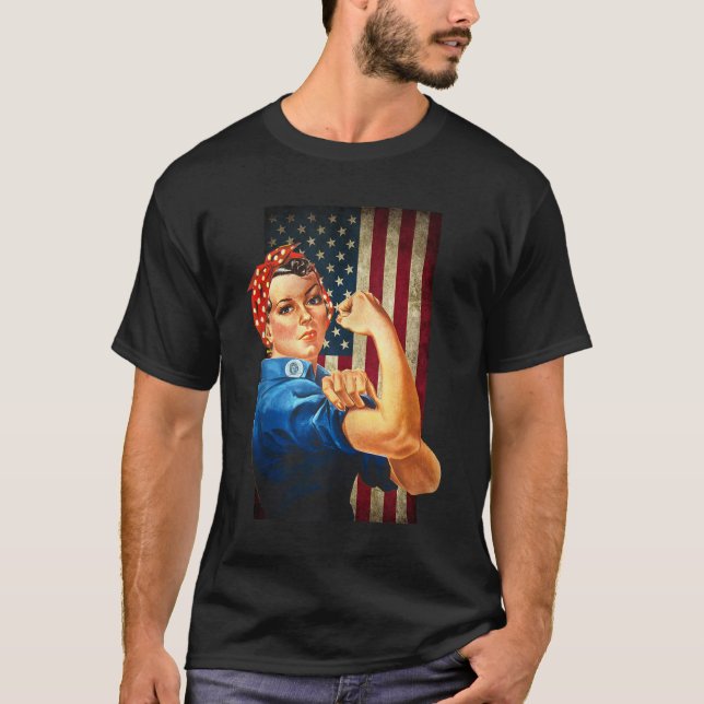 Camiseta Rosie the Riveter e a bandeira americana vestida (Frente)