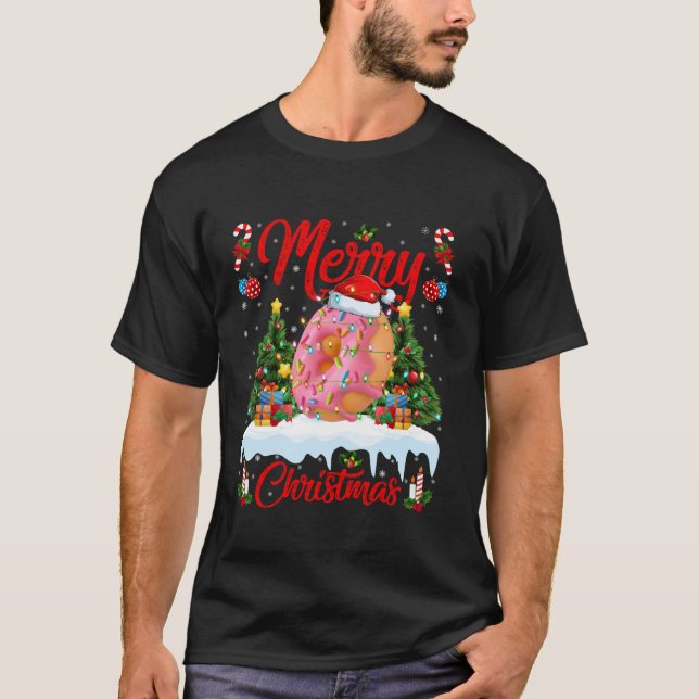 Camiseta Rosquinhas Feliz Árvore de Natal Luzes de Comida R (Frente)
