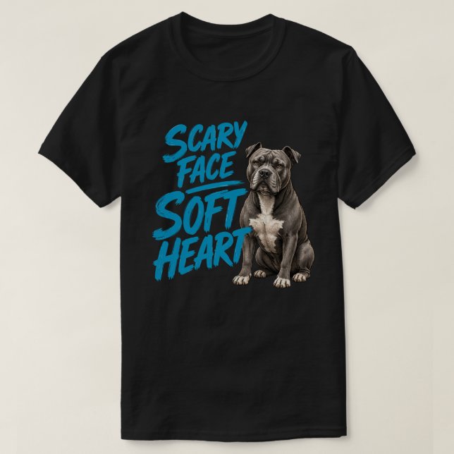 Camiseta Rosto Assustador Coração Macio Pitbull Engraçado V (Frente do Design)