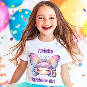Camiseta Rosto de borboleta fada roxa colorida de aniversár
