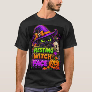Camiseta Rosto de Bruxa Descontraída Gato Preto Halloween