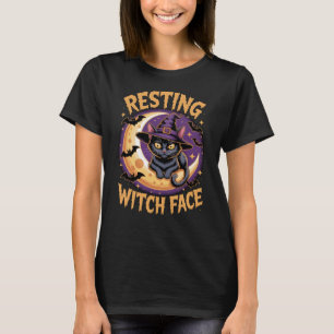 Camiseta Rosto de Bruxa Negra Negra Gato Halloween